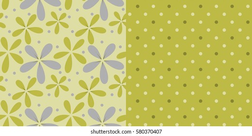 Set of Two Seamless Floral and Polka Dot Patterns / Vector Illustration / Green and Grey / Patterns saved to Pattern Swatches