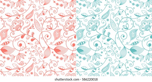 Set of Two Seamless Floral and Vine Patterns / Vector Illustration / Peach & Aqua / Patterns saved to Pattern Swatches