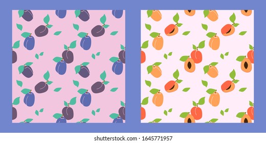 set of two seamless fruit patterns on a pale background. plums, apricots and peaches. Trendy hand drawn textures. Modern abstract design for paper, cover, fabric, interior decor and other users.