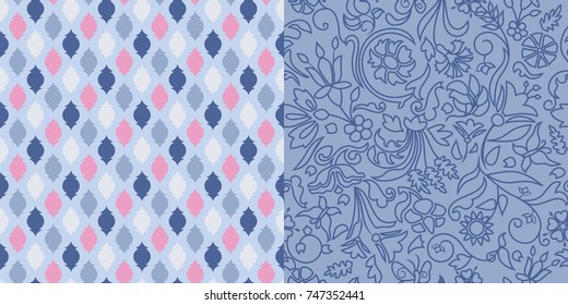 Set of Two Seamless Geometric and Floral Patterns / Vector Illustration / Navy, blue, and Pink / Global Colors saved with Pattern Swatches