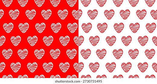 Satz von zwei nahtlosen Herzmustern. Romantisches Konzept für den Valentinstag. Tag aller Liebenden. Für Textilien, Verpackungen, Hintergrundbilder, Hintergründe oder Websites. Flaches Vektordesign. Doodle. Rote Farbe.