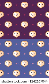 Set of two seamless pattern with barn owls and hearts. Vector. Flat style.