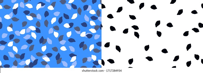 Set two seamless pattern with dark and light blue, white, black colors petals gliding in the air. Falling floral or fruit trees petals. Rings petals. Early spring, summer in the outdoors. Vector