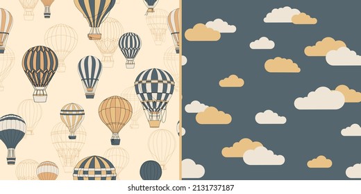 Satz von zwei nahtlosen Mustern mit verschiedenen weichen Schattierungen Heißluftballons und Wolken. handgezeichnete Illustration für Kinderbettwäsche, Vorhänge, Textur, Umhüllungspapier, Textilien, Stoff, Dekoration