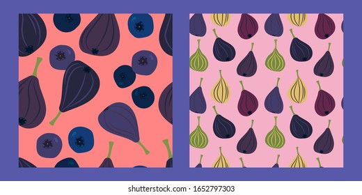 set of two seamless pattern with figs, blueberries and bilberry on a pink background. Modern abstract design for paper, cover, fabric, interior decor