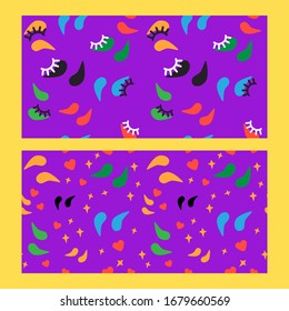set of two seamless pattern with multi-colored patches for skin care around the eyes and eyelashes on a purple background. Modern abstract design for paper, cover, fabric