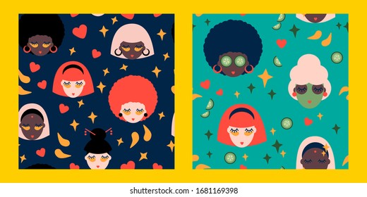 set of two seamless pattern with patches for the eyes and skin care. girls of different nationalities take care of the skin around the eyes. Modern abstract design for paper, cover, fabric