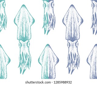 Set of two seamless pattern with realistic hand-drawn silhouettes of squid. Blue and green silhouettes on white background. Vector. Idea of wrapping paper.