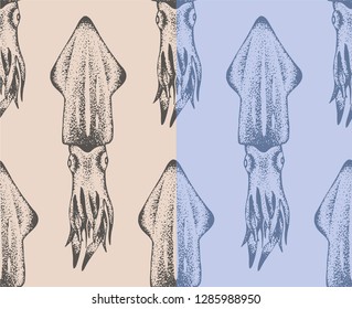 Set of two seamless pattern with realistic hand-drawn silhouettes of squid. Blue and beige. Vector. Idea of wrapping paper.