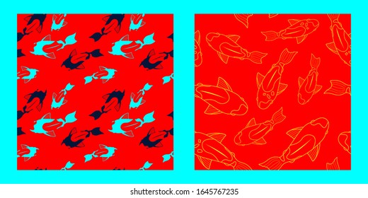 set of two seamless pattern with silhouettes of blue fishes with fins and gold linear fish on a red background. turquoise fishes. for paper, cover, fabric, interior decor and other users
