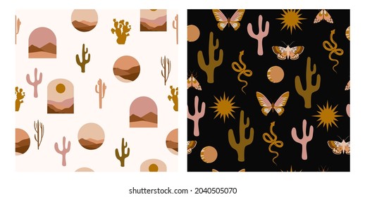 Set of two seamless pattern with Wild west elements. Aesthetic Modern Art, Boho Decor, Minimalist Art. Editable Vector illusration.