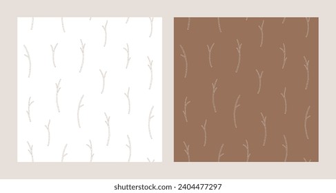 Set of two seamless patterns with apricot branches. Vector illustration of spring fruit tree twigs. Floral print in modern line art style. Outline plant elements