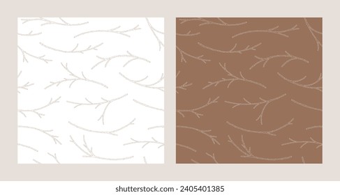 Set of two seamless patterns with apricot branches. Vector illustration of spring fruit tree twigs. Floral print in modern line art style. Outline plant elements