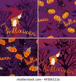 set of two seamless patterns and two cards for halloween, vector illustration