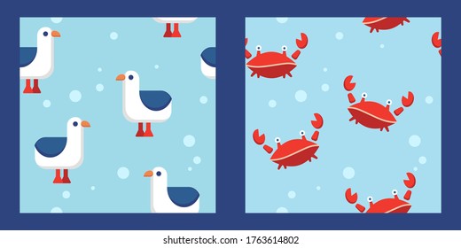 set of two seamless patterns with cartoon seagulls, crabs and bubbles on a light blue background. flat design. Marine theme. for packaging, paper, fabric. print for clothes