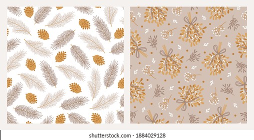 Set of two seamless patterns with cones, pine branches, mistletoe bunches, evergreen twigs, berries, leaves. Christmas botanical postcards. Winter vector illustration in flat style.