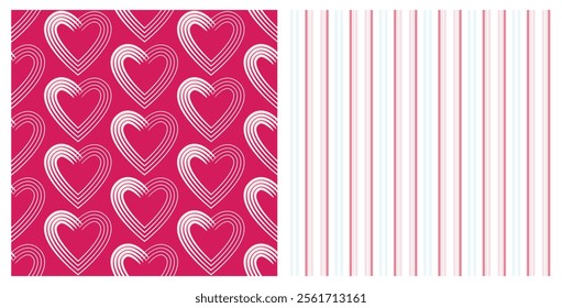 Set of two seamless patterns of doodle hearts and elegant stripes on isolated background. Vector design for party celebrations, Valentine’s Day, Wedding, Mother’s day, greeting cards, invitations.