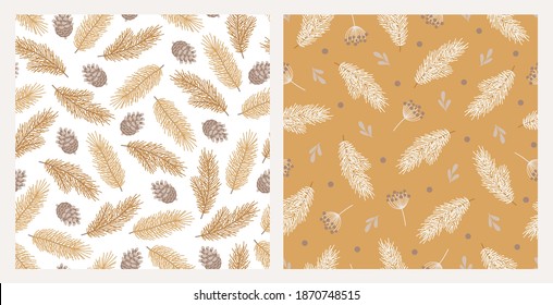Set of two seamless patterns with evergreen twigs, pine cones, branches with berries. Christmas botanical postcards. Winter vector illustration in flat style.