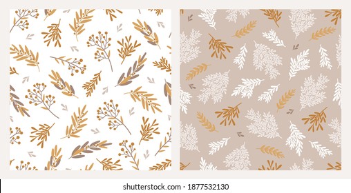 Set of two seamless patterns with evergreen twigs, branches with berries, leaves. Christmas botanical postcards. Winter vector illustration in flat style.