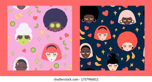 set of two seamless patterns with facial skin care. multiracial people. portraits of multi colored people. black and white women. natural facial mask, eye patches