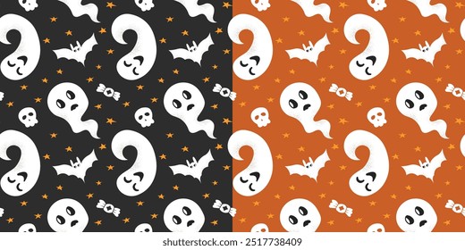 Um conjunto de dois padrões sem costura com fantasmas engraçados. Em fundos pretos e laranja. Para decorações de Halloween, embrulho, impressões, têxteis e fundos. Inclui morcegos, estrelas, crânios e doces.