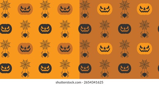 Set of two seamless patterns for Halloween with classic symbols of the holiday: spider with web and sinister pumpkin. Perfect for textiles, packaging, cards and decor. Vector image.