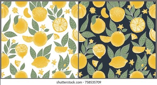 Set of two seamless patterns with hand drawn oranges and slices in sketch style on white and dark background. Vector retro illustration.