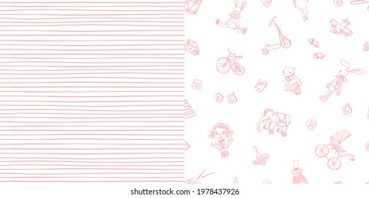 A set of two seamless patterns. Hand-drawn vintage toys on a white background. Seamless pattern of thin pink stripes. Cute baby style. Soft pink color. Stock vector illustration.