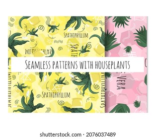 Set of two seamless patterns with house plants Spathiphyllum and Aloe Vera. Cartoon flat art on yellow and pink background with linear elements, text and potted flowers.