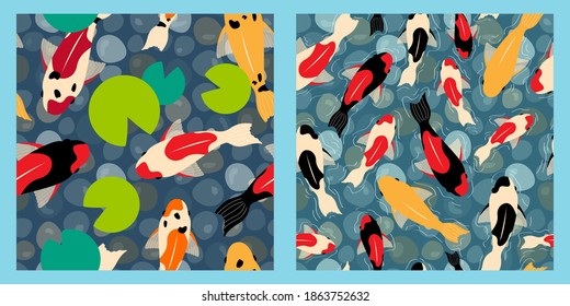 set of two seamless patterns with koi carp fish, water lilies and pebbles in a pond. colorful fish. Modern abstract design for background, packaging paper, cover, fabric, card