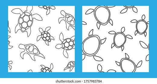 set of two seamless patterns with linear turtles. sea animals in linear black and white style. Modern design for packaging, paper, fabric. print for clothes