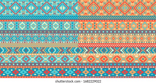 A set of two seamless patterns with a Mexican pattern. Decorative borders with a geometric pattern. Texture background.