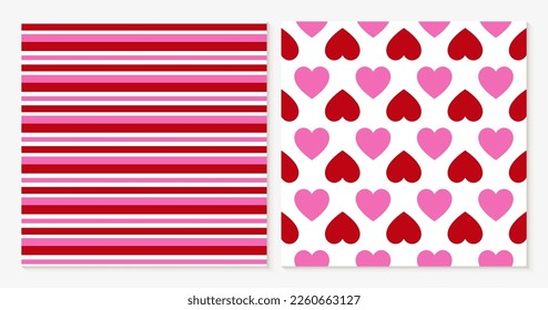 Set of two seamless patterns with pink and red hearts and stripes