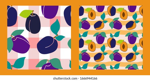 set of two seamless patterns with plums on a checkered tablecloth. Modern abstract design for paper, cover, fabric, interior decor