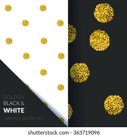 Set of two seamless patterns with polka dot golden ornament on white and black background.