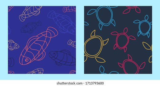 set of two seamless patterns with sea turtles and clown fish in linear style. Modern abstract design for packaging, paper, cover, fabric, interior decor