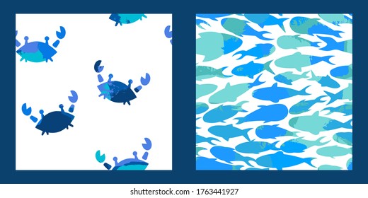 set of two seamless patterns with silhouettes of blue crabs and fish. texture effect. Marine theme. for packaging, paper, fabric. print for clothes