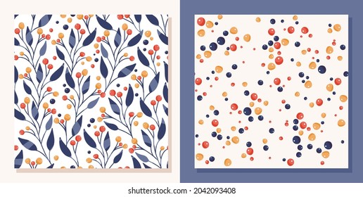 A set of two seamless patterns with twig design. Vintage berries and foliage wallpaper. Fabric graphic design. Branches pattern background. Vector.