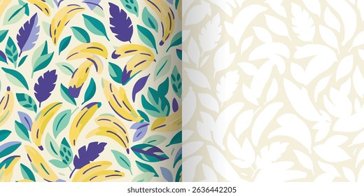 Set of two seamless patterns a vibrant tropical design with bananas and leaves, and a coordinating leaf silhouette print. Modern style in yellow, teal, purple and green. For decor and fashion