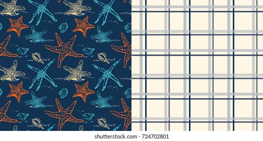 Set of Two Seamless Repeat pattern / Sea Stars all over print on Dark Blue Background / Coordinated Plaid Pattern on Cream Color Background / Global Colors saved with pattern swatches