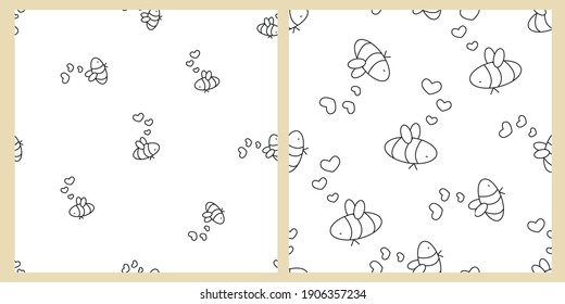 Set of two Seamless repeat patterns for coloring book. White black isolated bees are in love with hearts near their heads are arranged in no particular order