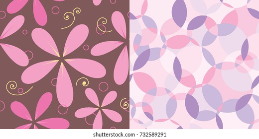 Set of Two Seamless Repeat Patterns. Geometric Intersecting Circles and Floral. Vector Illustration. Pink, Lavender, and Brown. Global Colors saved with Pattern Swatches