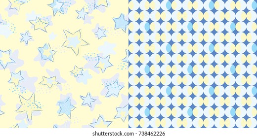 Set of Two Seamless Repeat Scribble Stars & Geometric Circle Patterns / Yellow Background / Global Colors Saved with Pattern Swatches