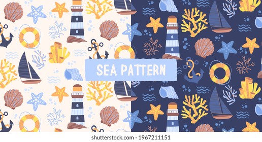 Set of two seamless sea patterns. Colorful hand drawn doodle backgrounds or wallpapers. Set of isolated icons on the marine theme. Flat cartoon vector illustration