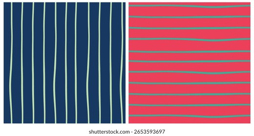 Set of two seamless striped patterns. One vertical, one horizontal. Hand-drawn, imperfect lines in navy, mint, red, and teal. Texture for fabrics, wrapping paper, social media designs and stationery.