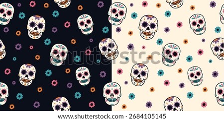 Set of two seamless sugar skull patterns with flowers, dark and light backgrounds, colorful Mexican Day of the Dead calavera design, festive ornamental vector for textile, wrapping, digital paper
