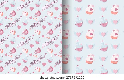 Conjunto de dos patrones de San Valentín sin fisuras, uno con tazas, globos, llaves y texto de Feliz Día de San Valentín, el otro con cupcakes, pociones y corazones alados. Perfecto para diseños festivos