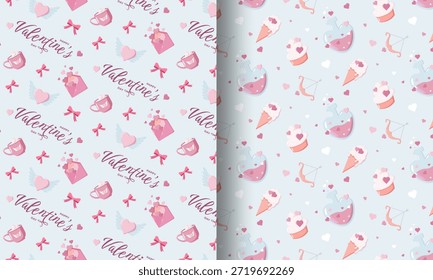 Conjunto de dos patrones de San Valentín sin fisuras, uno con tazas, arcos, corazones alados y sobres, y el otro con pociones, conos de helado, cupcakes, flechas y corazones. Perfecto para diseños festivos