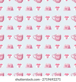 Conjunto de dos patrones de San Valentín sin fisuras, uno con tazas, globos, llaves y texto de Feliz Día de San Valentín, el otro con cupcakes, pociones y corazones alados. Ideal para papel de regalo festivo y