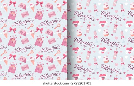 Conjunto de dos patrones de San Valentín sin fisuras, uno con arcos, sobres, helados, llaves y regalos, el otro con cupcakes, copas de vino, botellas, corazones y Anuncios LOVE